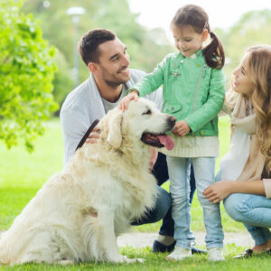 Boldog család világos kutyával a parkban. Kutyaviselkedés terápia árak.