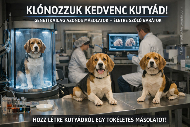 A kutya klónozás illusztrációja egy elképzelt cég reklámjával.