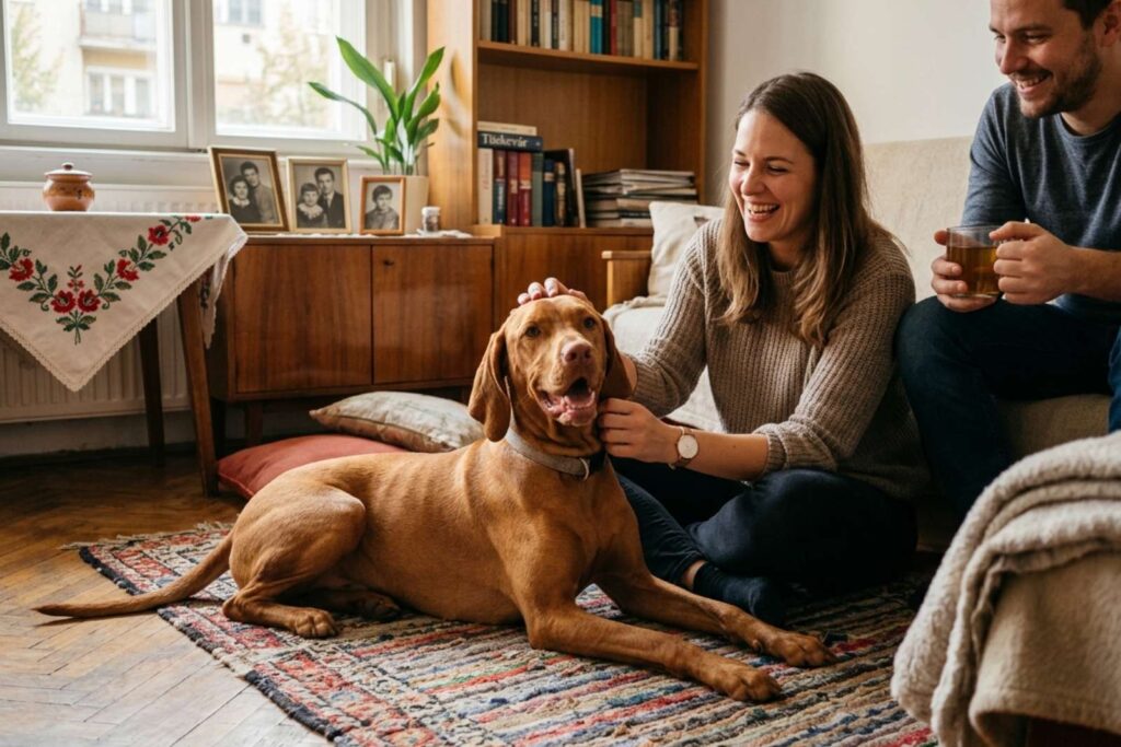 Boldog, érzelmileg kiegyensúlyozott magyar vizsla modern családi környezetben demonstrálja a modern kutya viselkedéstudomány eredményességét.