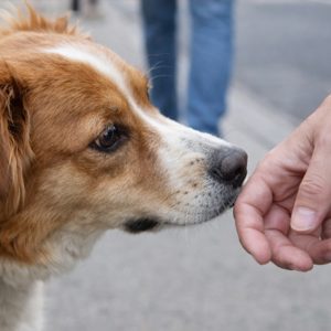 Egy világos keverék kutya bemutatja hogyan ismerkedj idegen kutyával a nem megfelelő módon.