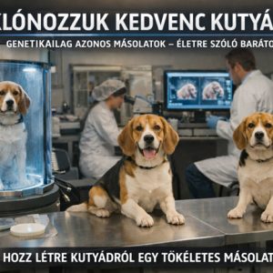 A kutya klónozás illusztrációja egy elképzelt cég reklámjával.
